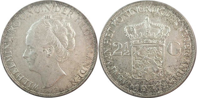 Obverse and reverse of the 1937 Netherlands 2.5 Guilder coin